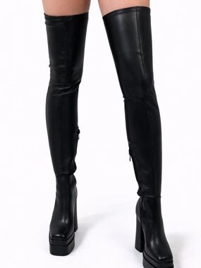 AKIRA MAXISTA Black Over-the-Knee Platform Boots – Size 6, 6.5, 7 NWT